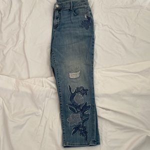Chicos size 1.5 distressed and appliquéd light wash jeans